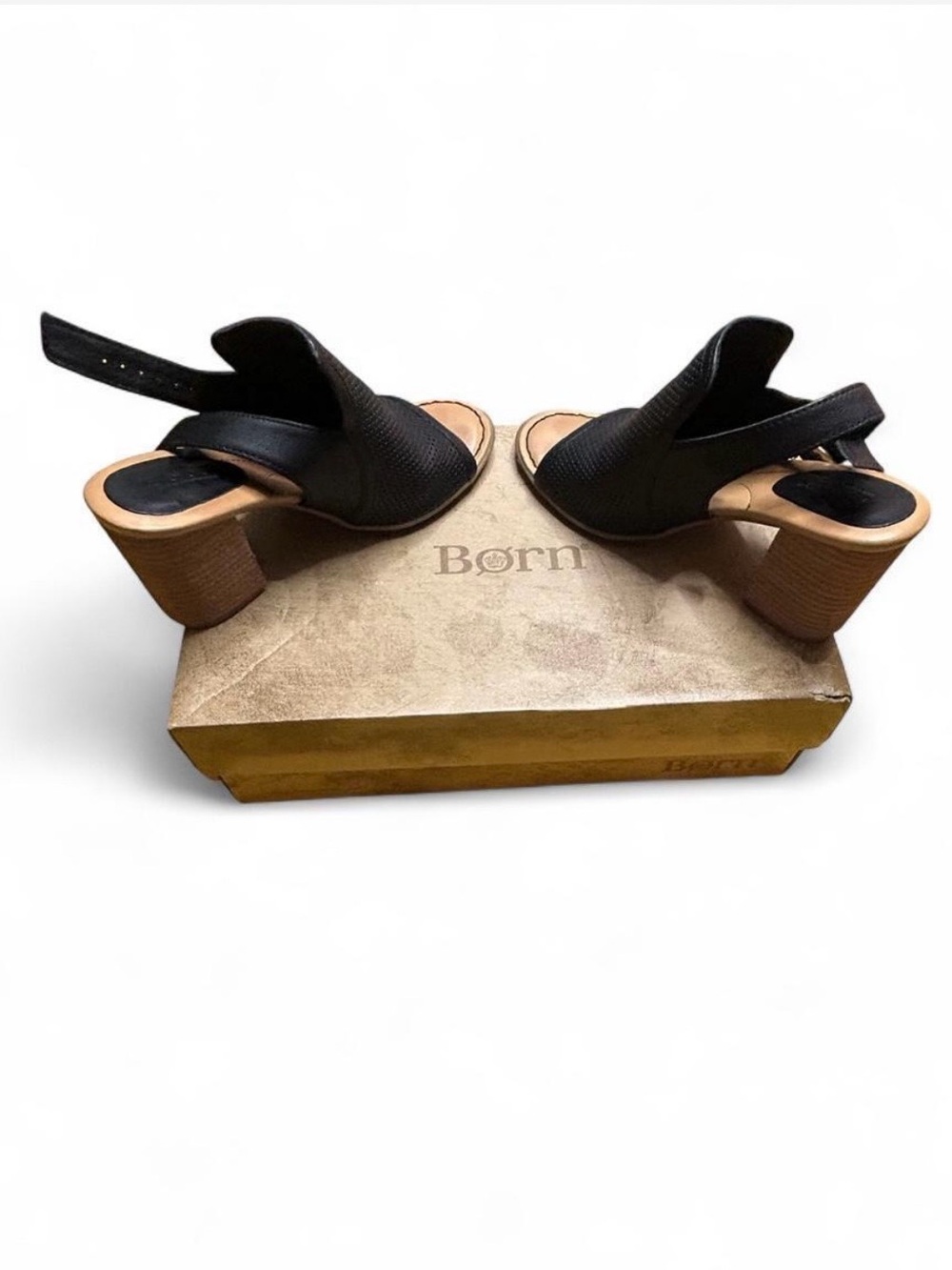 Born Black Slingback Block Heel Sandals with Wood-Tone Heel